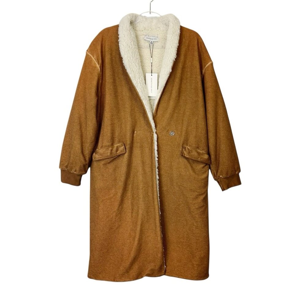 NEW‎ Something Navy Reversible Teddy Coat Women’s Size Medium Camel Fleece